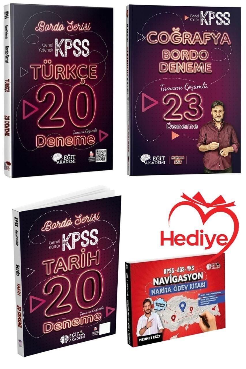HEDİYELİ - Eğit Akademi 2026 KPSS Türkçe + Tarih + Coğrafya Bordo 63 Deneme 3 lü Set Eğit Akademi